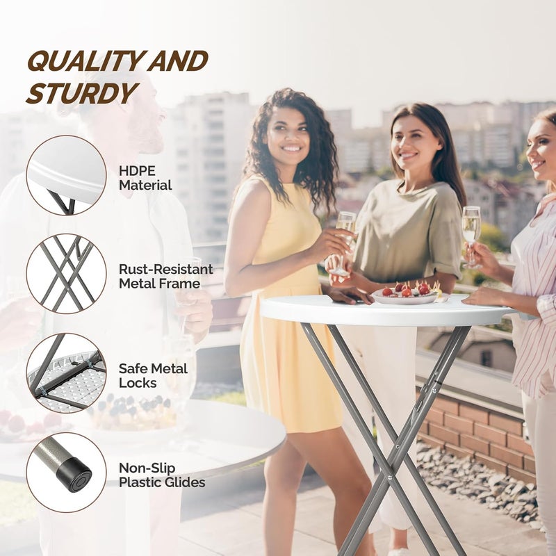 VINGLI 32" Plastic Folding Round Table Bar Height, HDPE Matrial with Gray Metal Finish, High Top Table for Outdoor Party, Cafes, Restaurants, Backyard, Dining Room, Wedding Event,1 Pack, White - Image 4